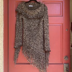 Vintage Privilege Brown Tweed Cowl Neck Mini Dress Fringed Sleeves and Hem.